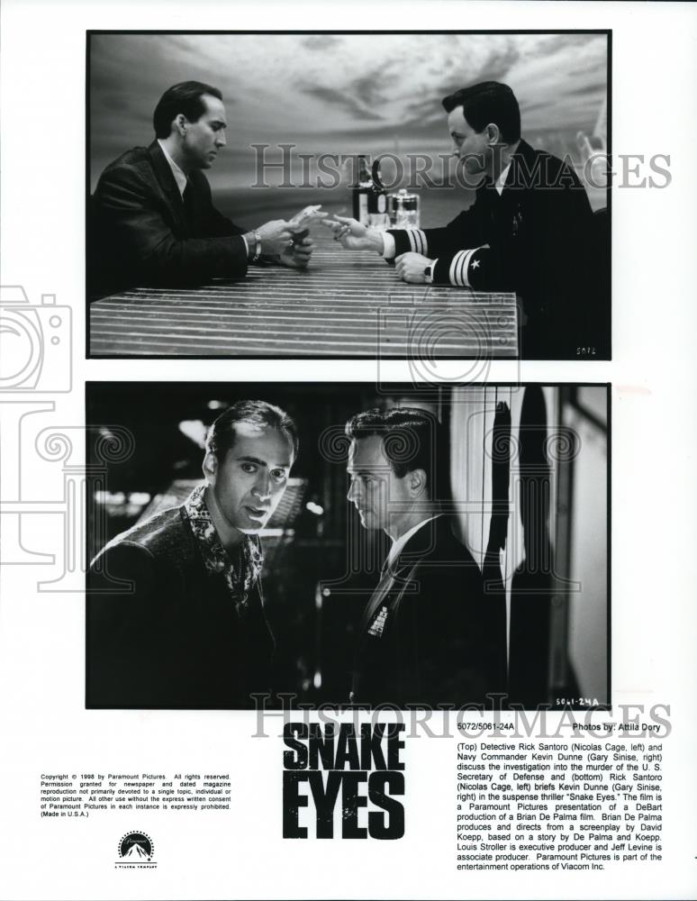 1998 Press Photo Nicolas Cage & Gary Sinise in Snake Eyes - Historic Images