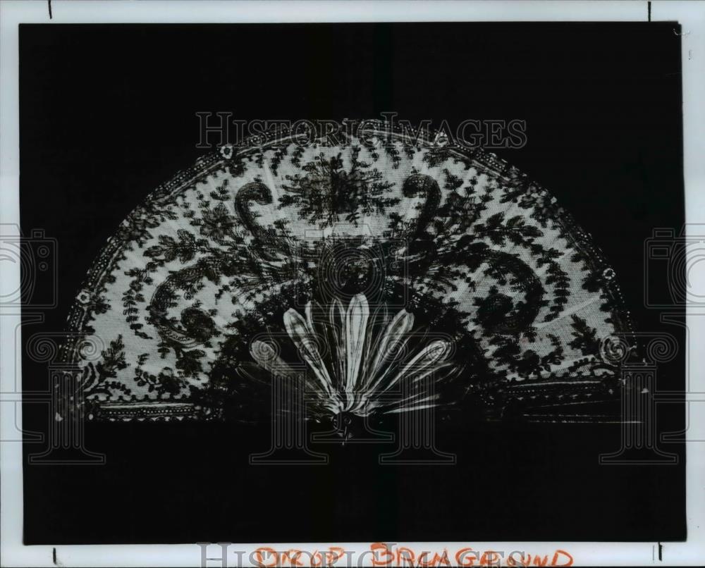 1989 Press Photo Folding Fan, Circa 1875, nacre, incised, dyed - Historic Images