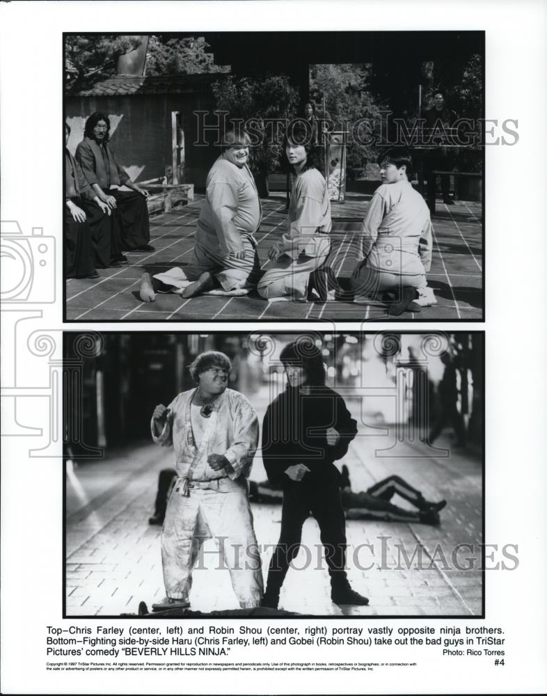 1997 Press Photo Chris Farley and Robin Shou in Beverly Hills Ninja - Historic Images