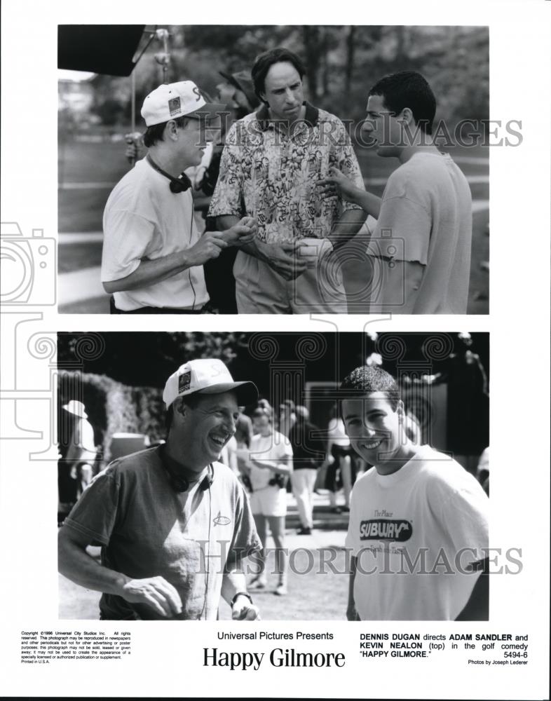 1996 Press Photo Dennis Dugan, Adam Sandler, Kevin Nealon in Happy Gilmore - Historic Images