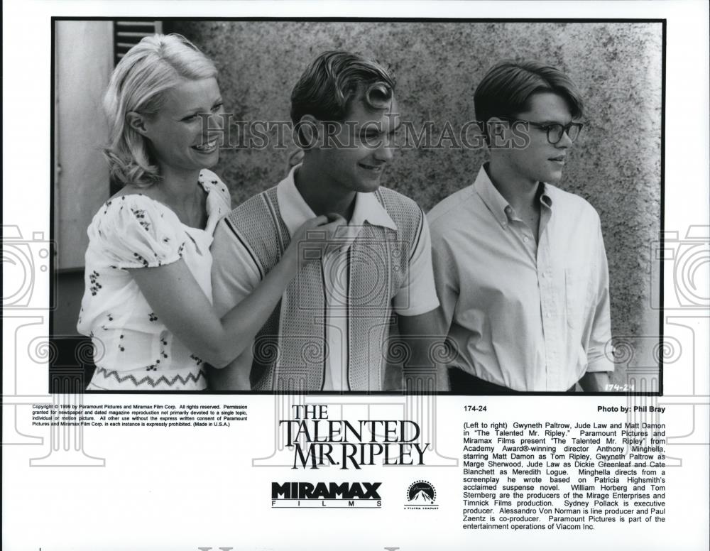 1999 Press Photo The Talented Mr Ripley Gwneth Paltrow Jude Law Matt Dillon - Historic Images
