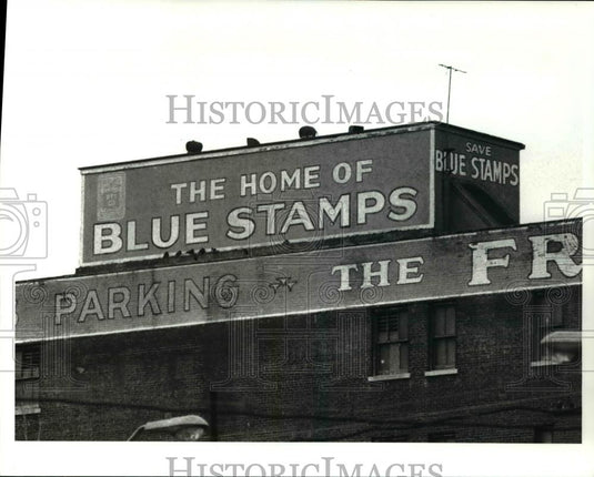 1989 Press Photo Advertising Old Signs, Blue Stamps, Fries & Schuele Co. - Historic Images