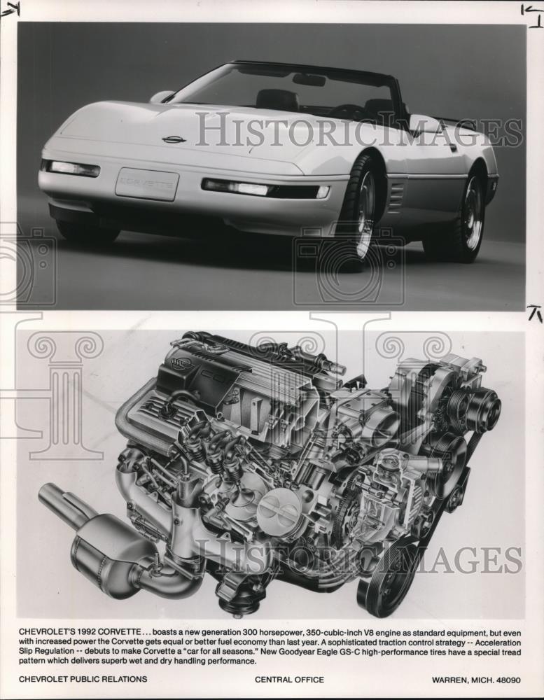 1992 Press Photo The Chevrolet corvette boasts new generation 300hp V8 engines - Historic Images