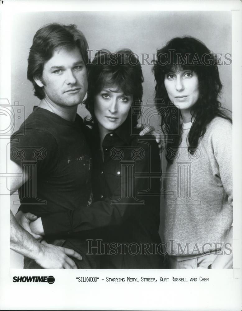 1985 Press Photo Meryl Streep, Kurt Russell &amp; Cher in Silkwood - Historic Images
