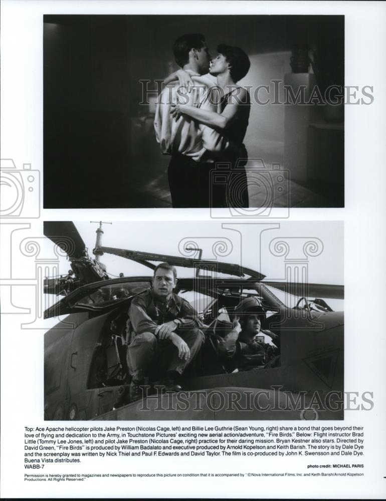 1990 Press Photo Tommy Lee Jones, Sean Young & Nicolas Cage in Fire Birds - Historic Images