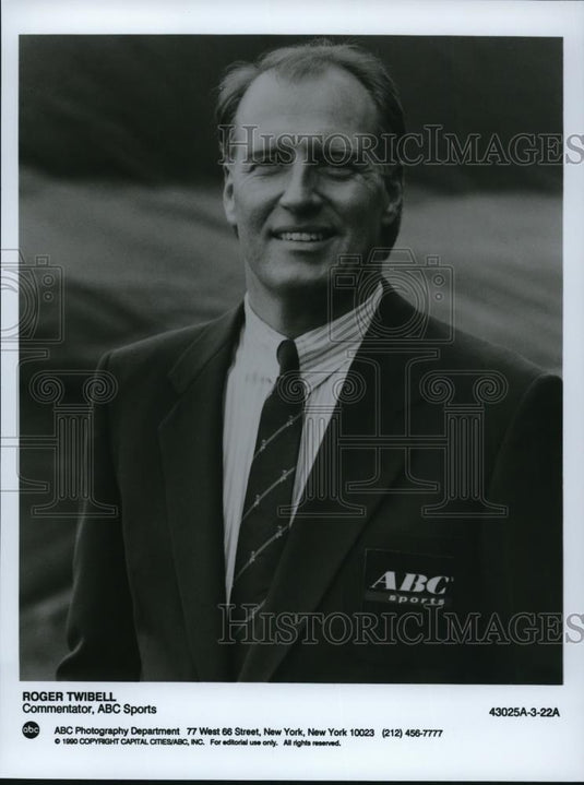 1990 Press Photo Roger Twibell sportscaster commentator on ABC Sports - Historic Images