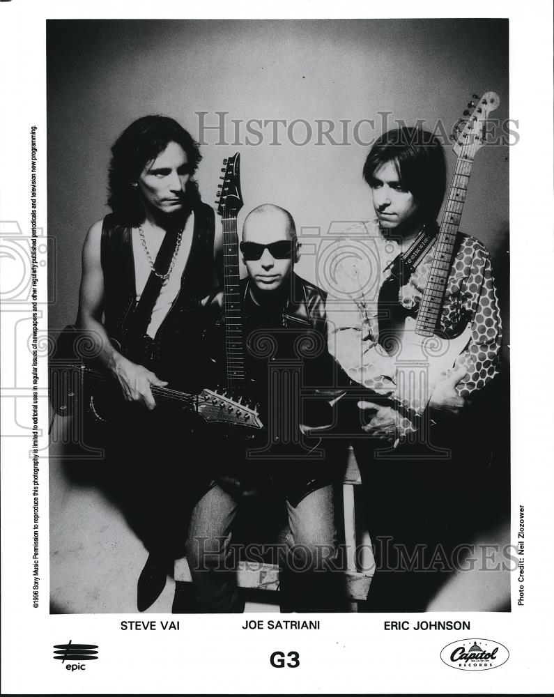 1997 Press Photo Steve Vai Joe Satriani and Eric Johnson of G3 - Historic Images