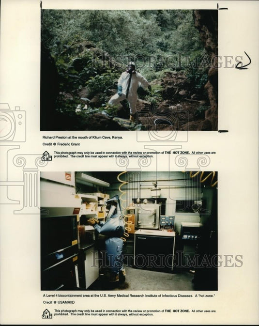 1994 Press Photo Richard Preston at the mouth of Kitum Cave in Kenya - Historic Images