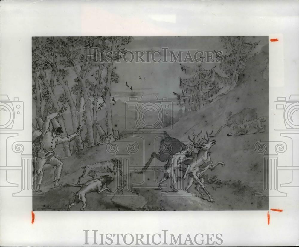 1981 Press Photo Painting of a Deer Attacked by Dogs - cva59905 - Historic Images