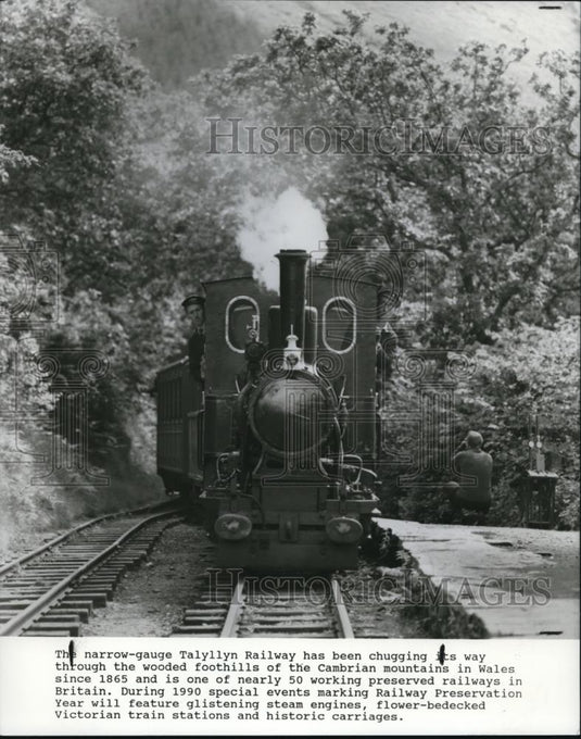 1990 Press Photo Narrow gauge Talyllyn Railway of Cambrian Mountains in Wales - Historic Images