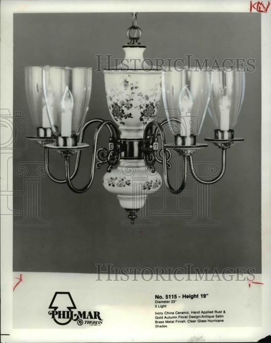 1979 Press Photo Ivory China Ceramic, Hand Applied Rust chandelier - Historic Images
