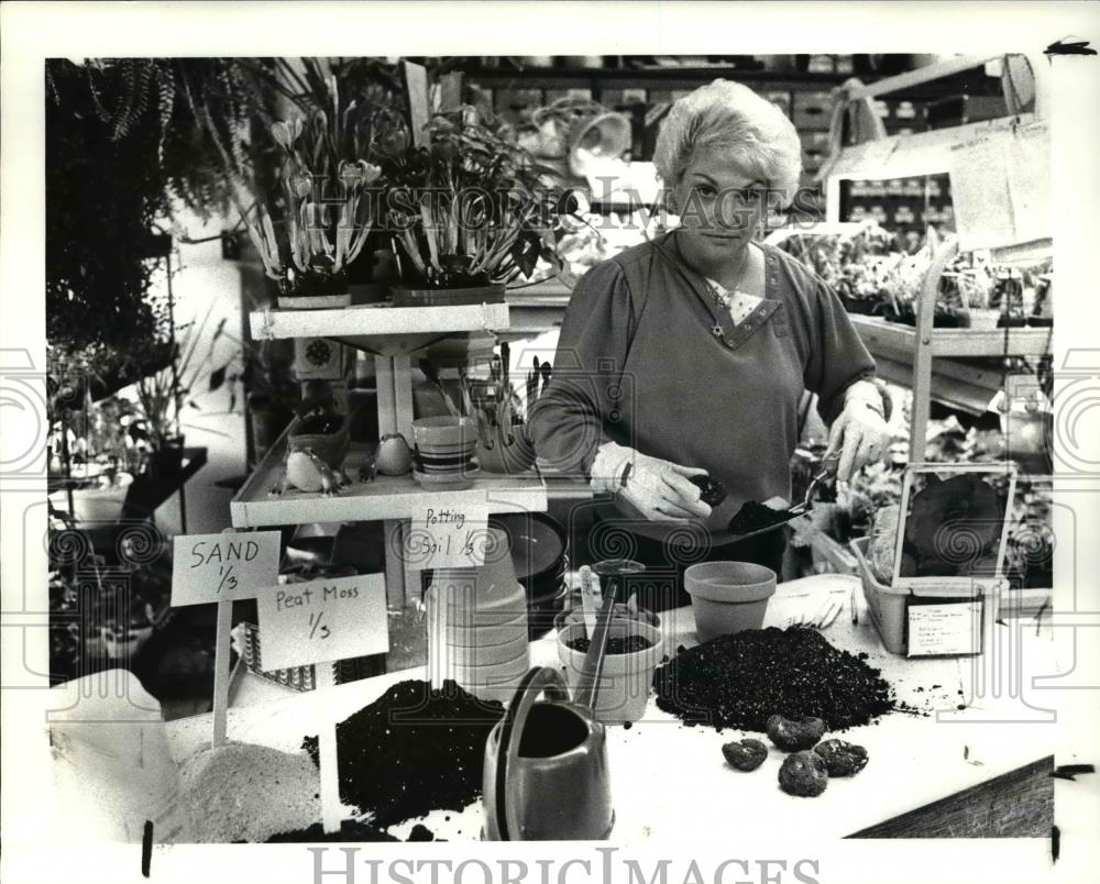 1985 Press Photo Lori Karpinski, Potting Tuberous Begonias Wood &amp; Co - Historic Images