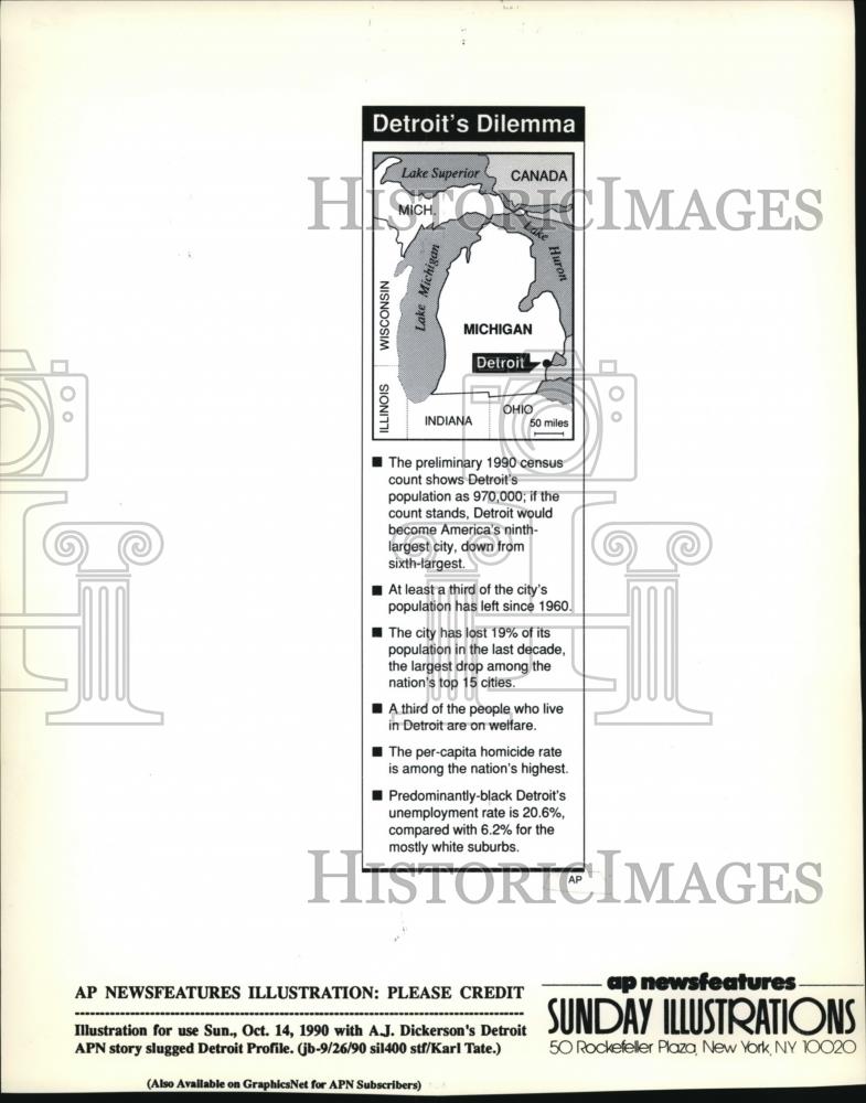 1990 Press Photo The Detroit&#39;s map with its population - Historic Images