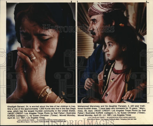 1991 Press Photo Khadigeh Barwari (L) Mohammed Maromesy and daughter (R) - Historic Images