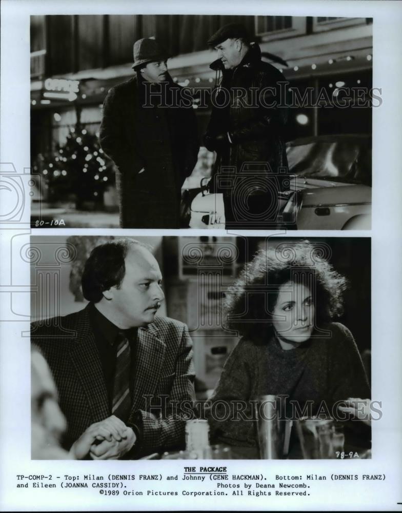 1990 Press Photo Dennis Franz Gene Hackman and Joanna Cassidy in The Package - Historic Images