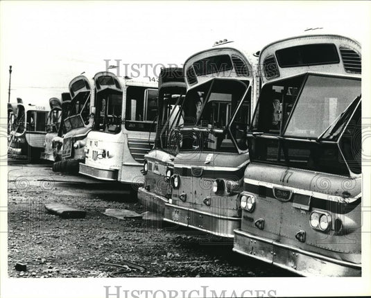 1985 Press Photo RTA Reed Garage 3420 E 93rd abandoned buses in RTA lot - Historic Images