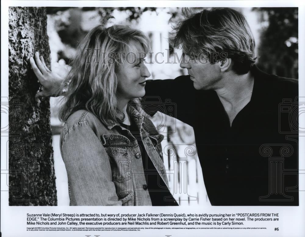 1991 Press Photo Meryl Streep and Dennis Quaid star in Postcards from the Edge - Historic Images