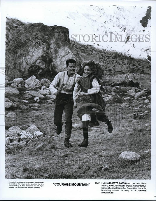 1990 Press Photo Juliette Caton and Charlie Sheen star in Courage Mountain - Historic Images
