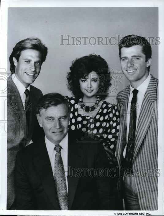 1985 Press Photo John James, Charloton Heston & Emma Samms in Dynasty II: The Co - Historic Images
