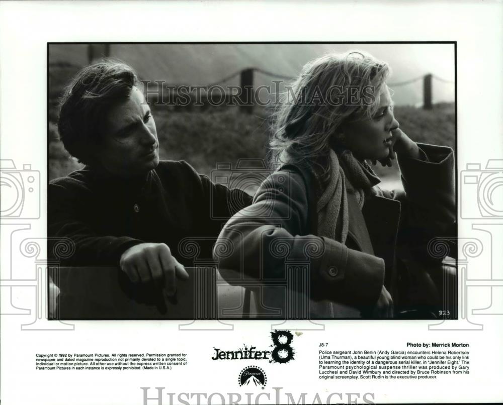 1992 Press Photo Andy Garcia &amp; Uma Thurman in Jennifer 8 - cvp75899 - Historic Images