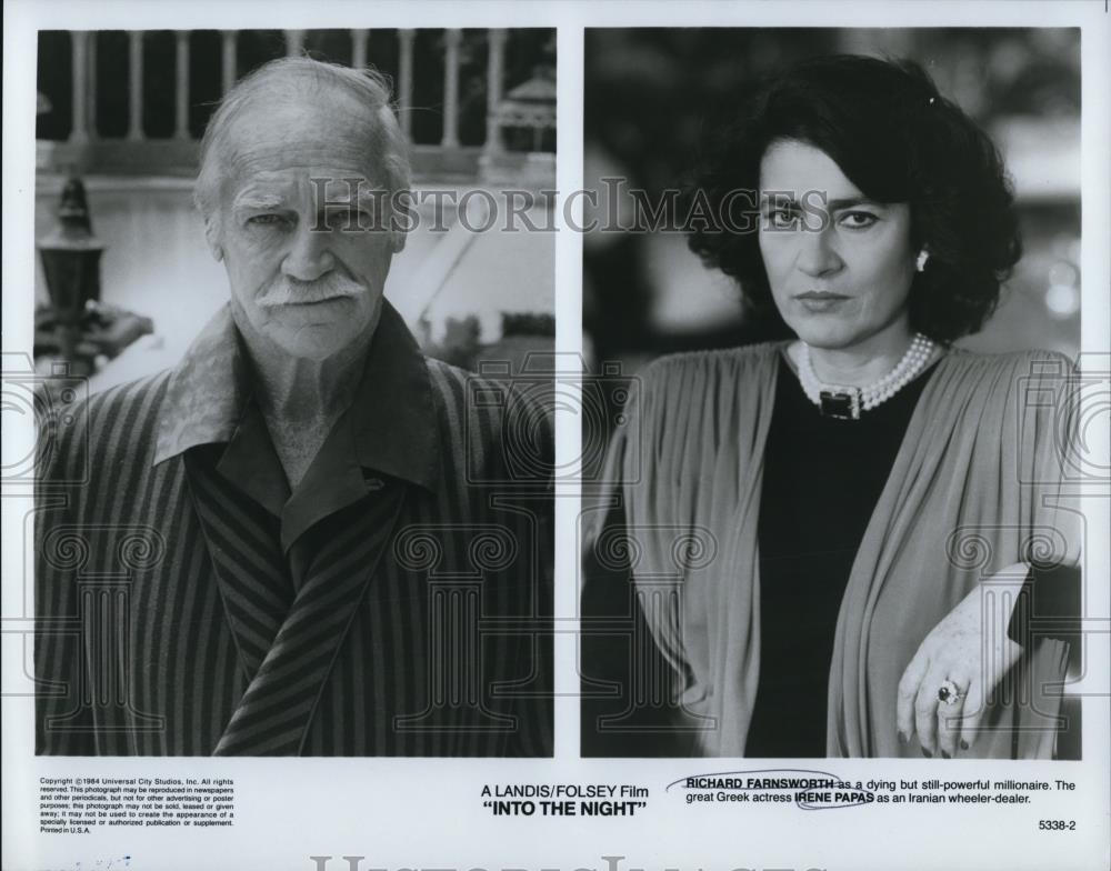 1986 Press Photo Richard Farnsworth and Irene Papas star in Into the Night - Historic Images