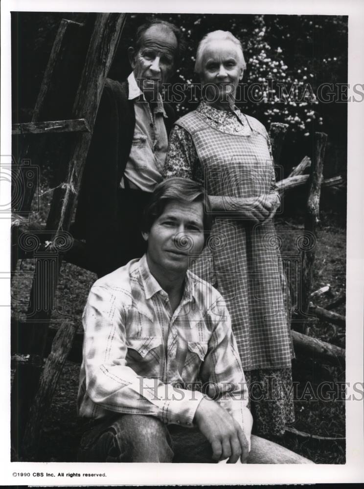 1990 Press Photo Hume Cronyn, Jessica Tandy and John Denver in FoxFire - Historic Images