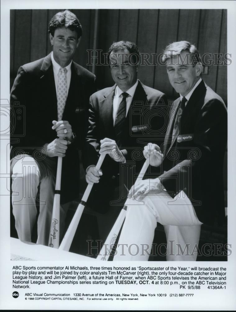 1988 Press Photo Al Michaels Tim McCarver Jim Palmer Baseball Commentators - Historic Images