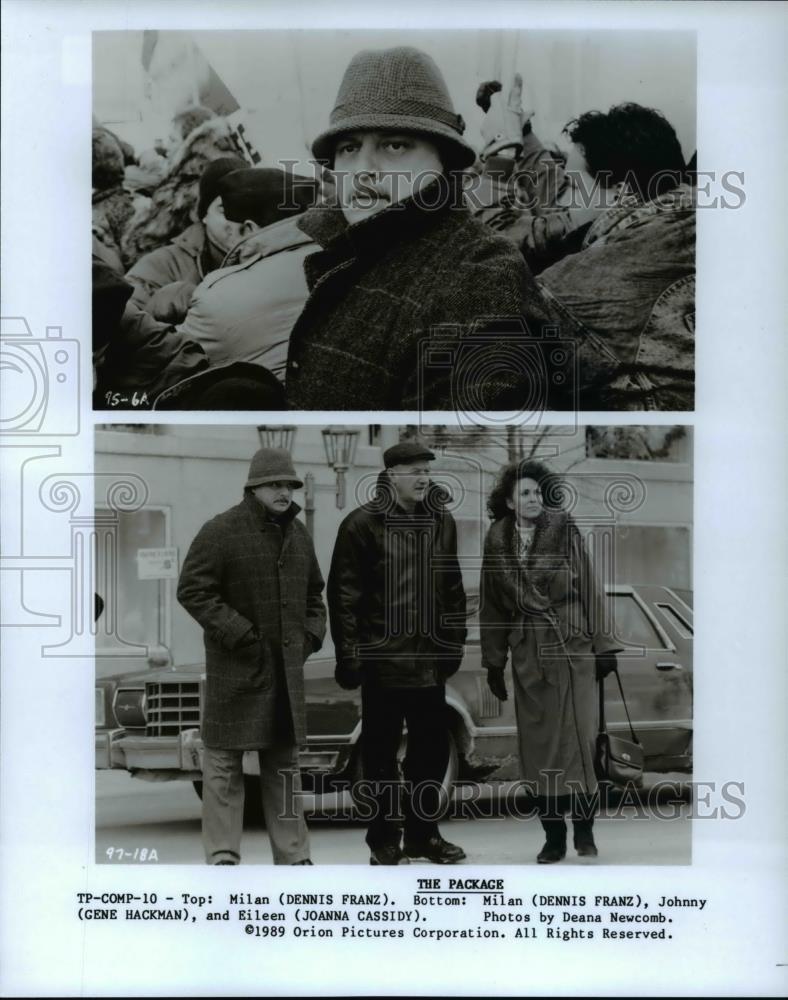 1990 Press Photo Dennis Franz Gene Hackman and Joanna Cassidy in The Package - Historic Images