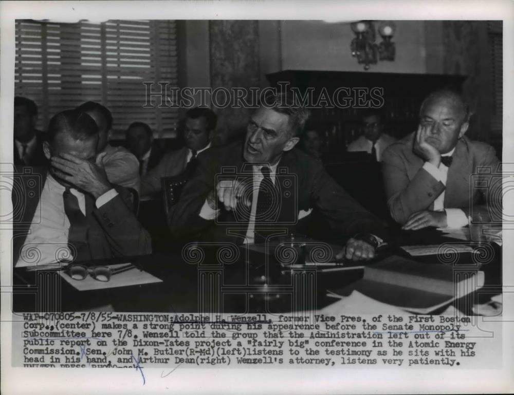 1955 Press Photo Adolphe H Wenzell Former VP 1st Boston Corp at Senate Monopoly - Historic Images