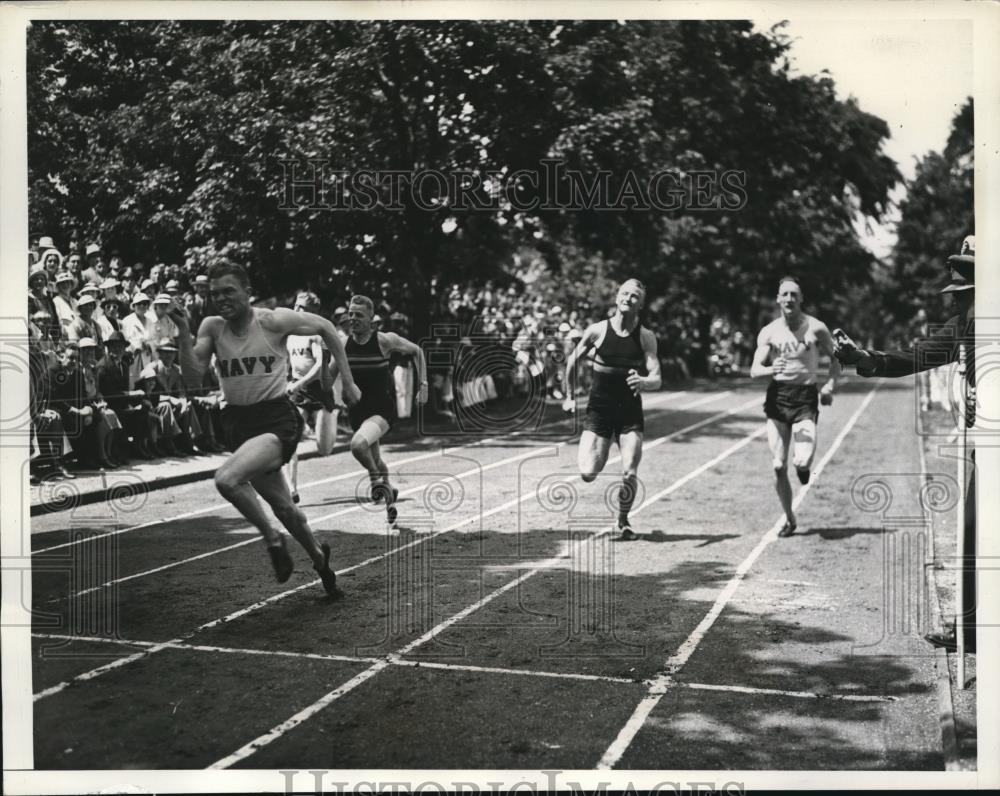 1935 Press Photo Joe Patterson, Clyde Lane, James Church 100 yard dash - Historic Images