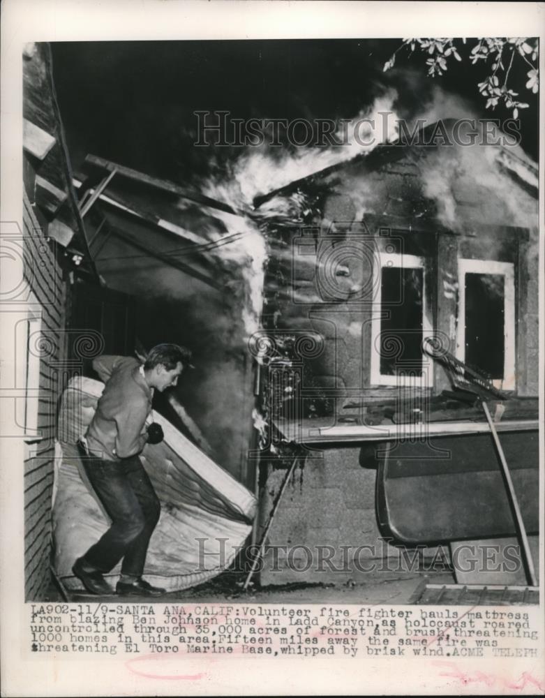 1948 Press Photo Volunteer Fire Fighter hauled Ben Johnson Home, Ladd Canyon - Historic Images