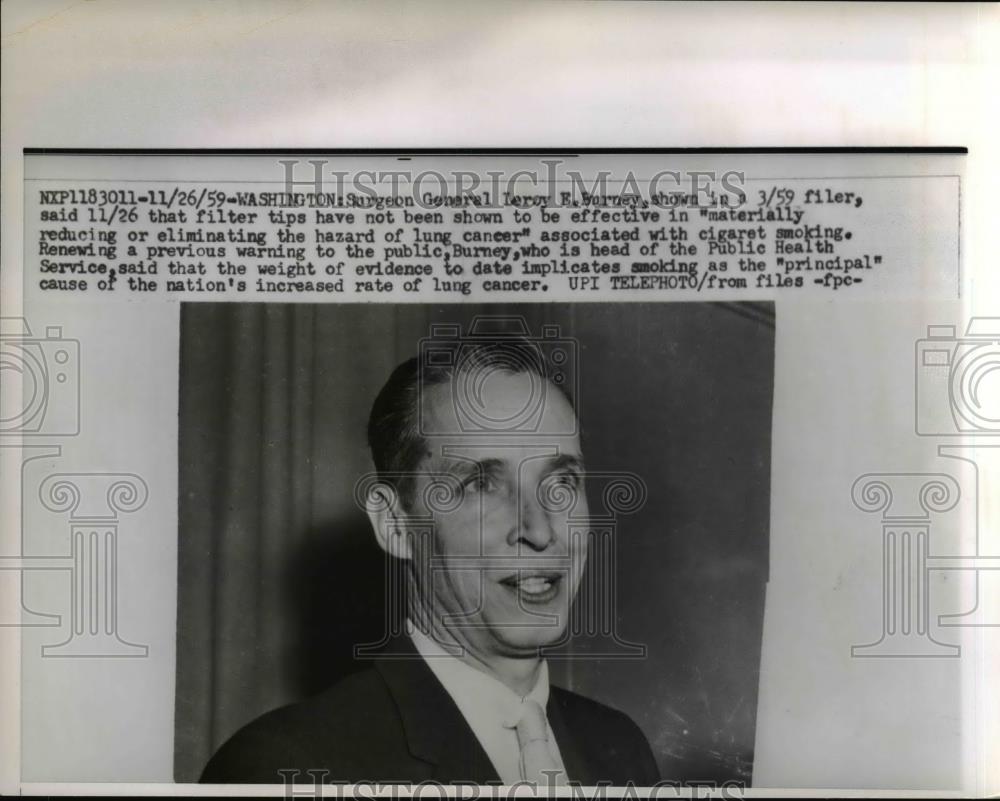 1959 Press Photo Surgeon General Leroy K Burney Speaks of Smoking - Historic Images