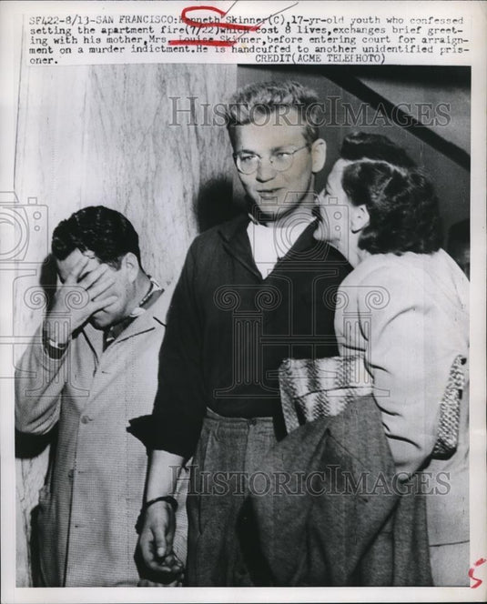 1951 Press Photo Kenneth Skinner confessed to fire and Mother Mrs. Louis Skinner - Historic Images