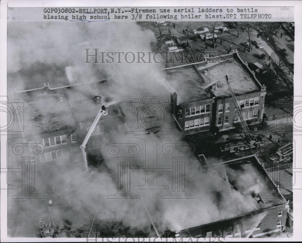 1963 Press Photo Firemen Use Aerial Ladders to Battle Blazing High School - Historic Images