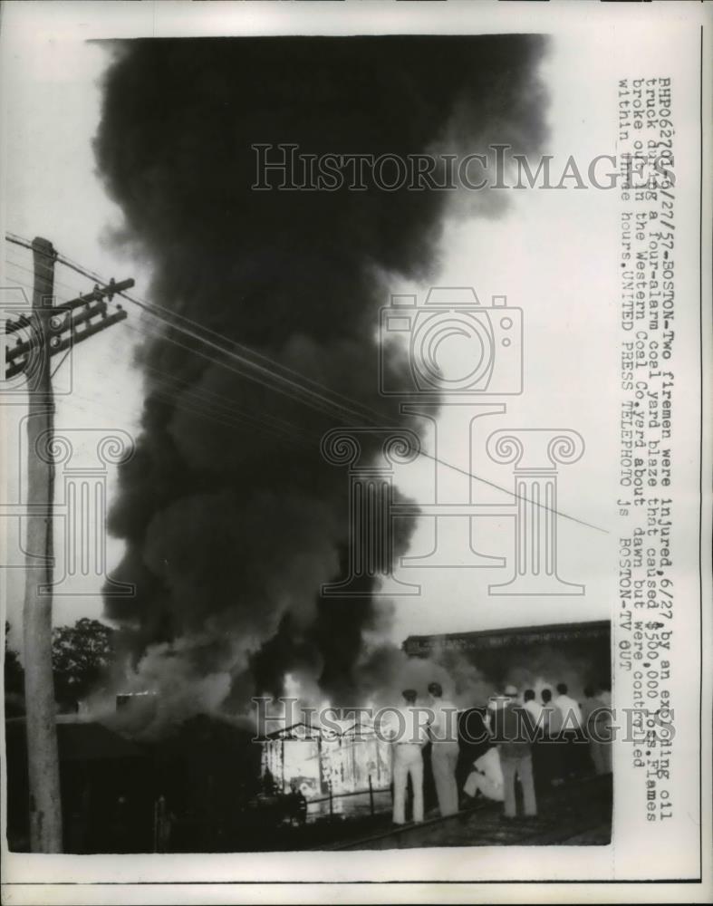 1957 Press Photo Boston Mass firemen at burning oil truck accident - Historic Images