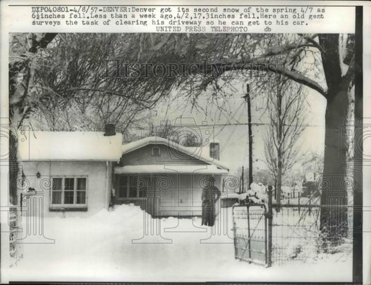 1957 Press Photo Denver's 2nd Spring Snowfall 6 1/2 Inches - Historic Images