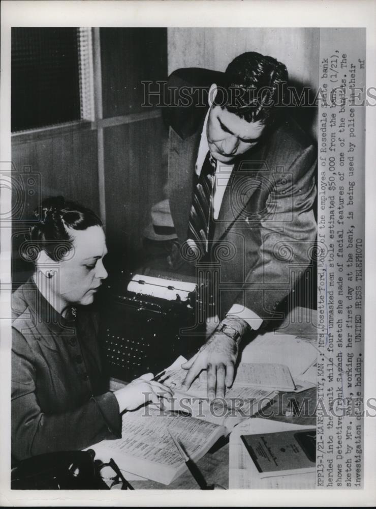 1953 Press Photo Mrs Josette Ford Employee of Rosedale State Bank There for Robb - Historic Images