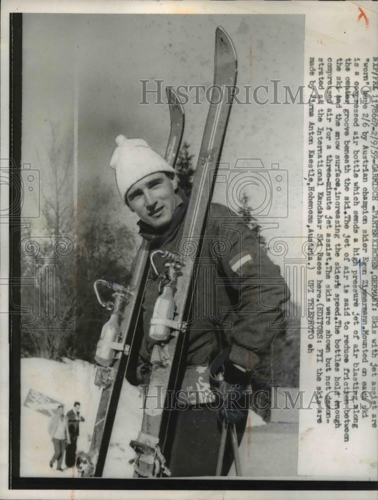 1959 Press Photo Egon Zimmermann,Austrian Champion Skier in skis with jet assist - Historic Images