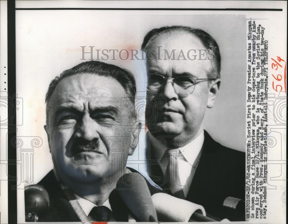 1962 Press Photo Soviet 1st Deputy Prem. Anastas Mikoyan &amp; Soviet Amb.Dobrynin - Historic Images