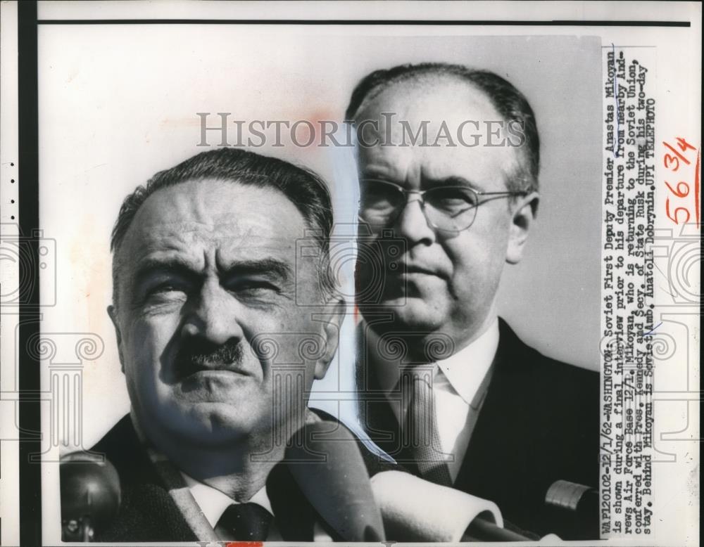 1962 Press Photo Soviet 1st Deputy Prem. Anastas Mikoyan & Soviet Amb.Dobrynin - Historic Images