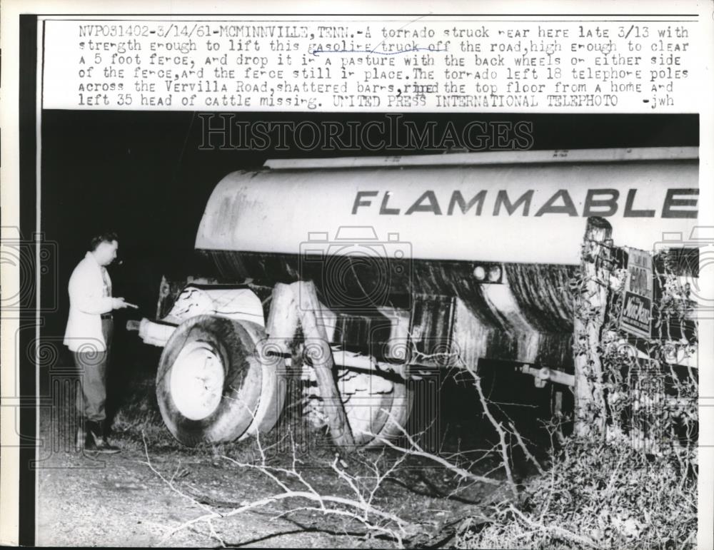 1961 Press Photo Gasoline Tanker Truck After Being Thrown by Tornado, Tennessee - Historic Images