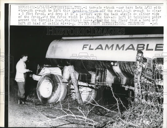 1961 Press Photo Gasoline Tanker Truck After Being Thrown by Tornado, Tennessee - Historic Images