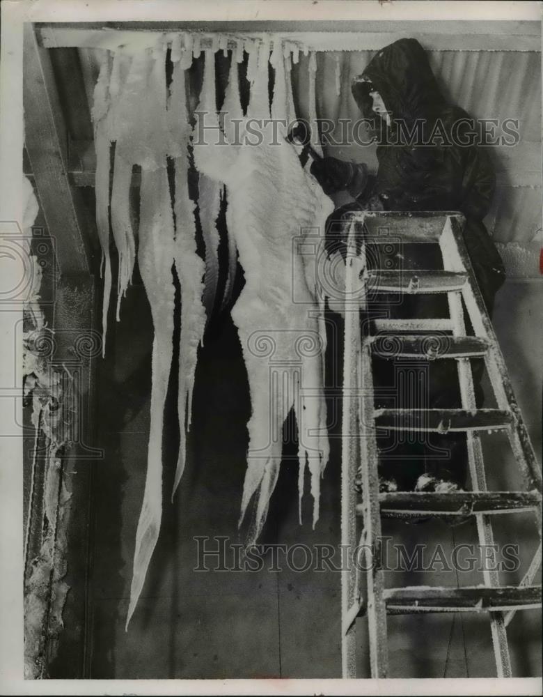 1953 Press Photo Ed Plunkard &amp; Huge Icicles - Historic Images