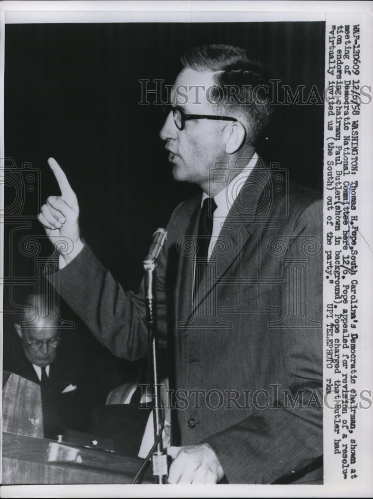 1958 Press Photo Thomas H. Pope ,South Carolina's Democartic chairman - Historic Images