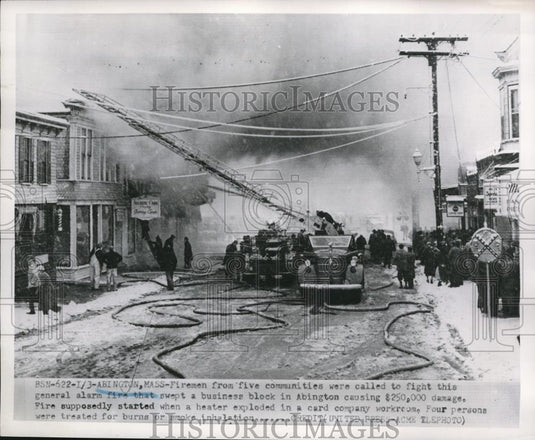 1952 Press Photo Firemen Fight Business Block Fire, Abington Massachusetts - Historic Images