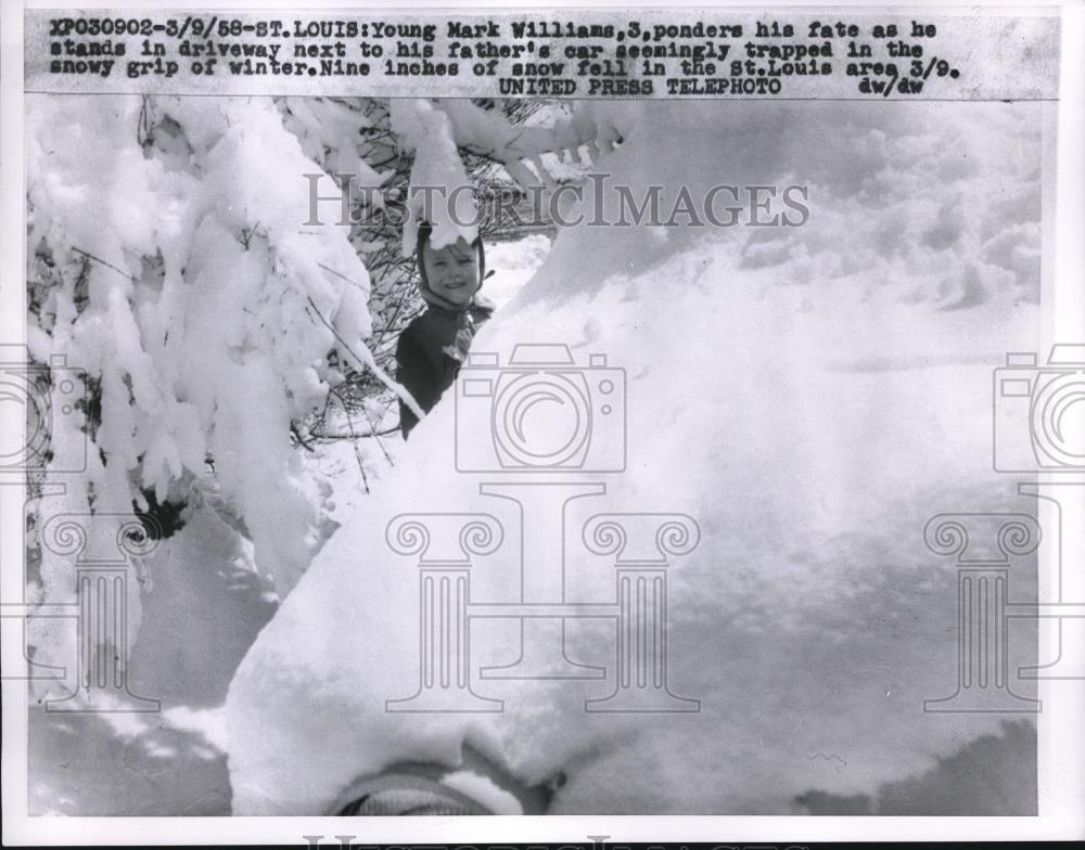 1958 Press Photo 3 yrs.old Mark Williams stands in drveway in St Louis - Historic Images