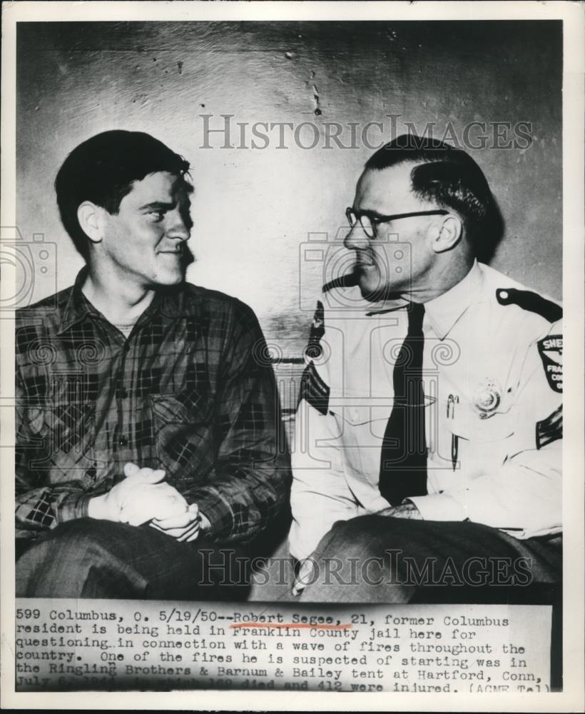 1950 Press Photo Robert Segee in Franklin County Jail Suspected of Setting Fires - Historic Images