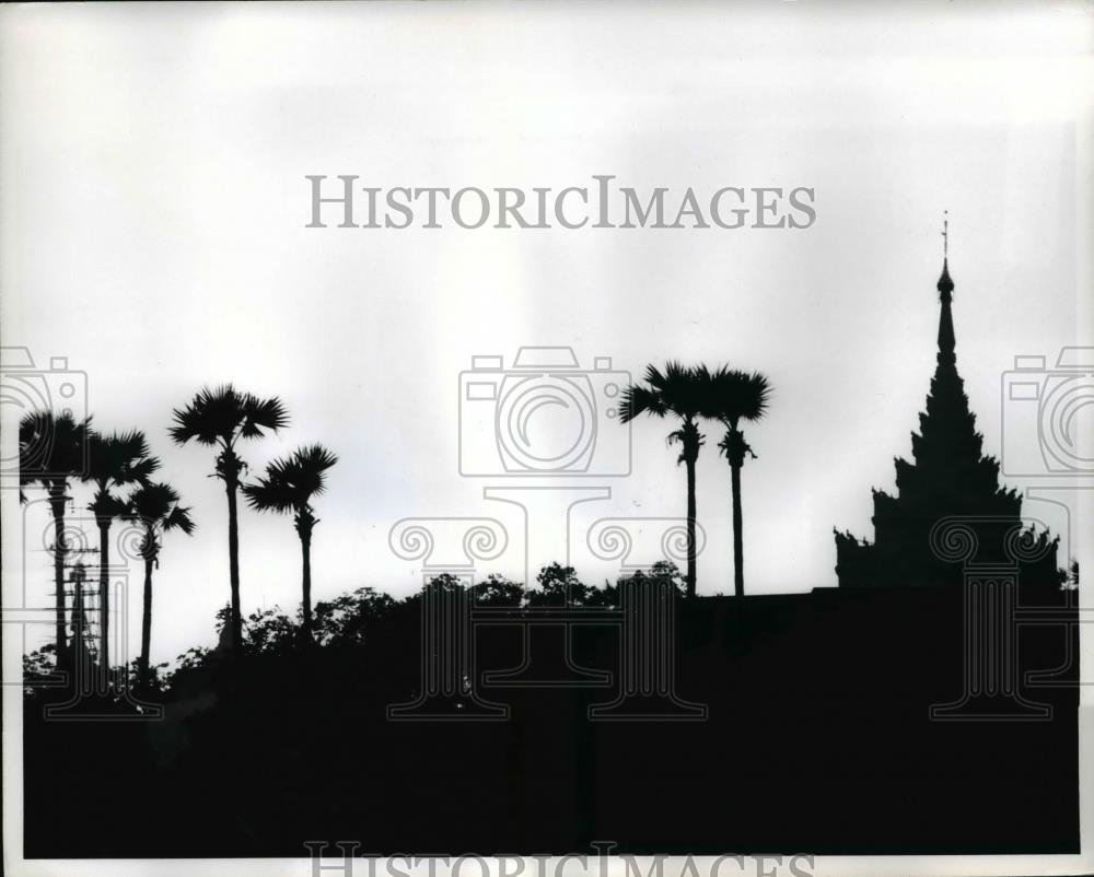 1969 Press Photo Palm Trees, Watchtower at Mandalay Royal Palace, Burma - Historic Images