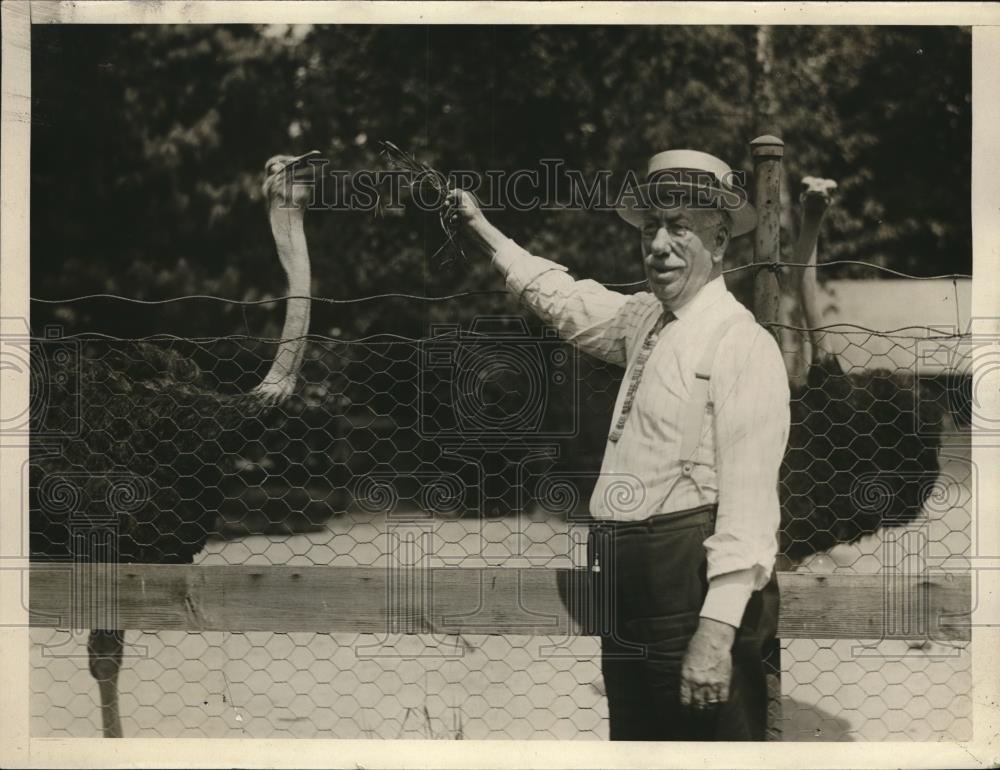 1925 Press Photo Wm H. Blockbern feeding Ostrich - Historic Images
