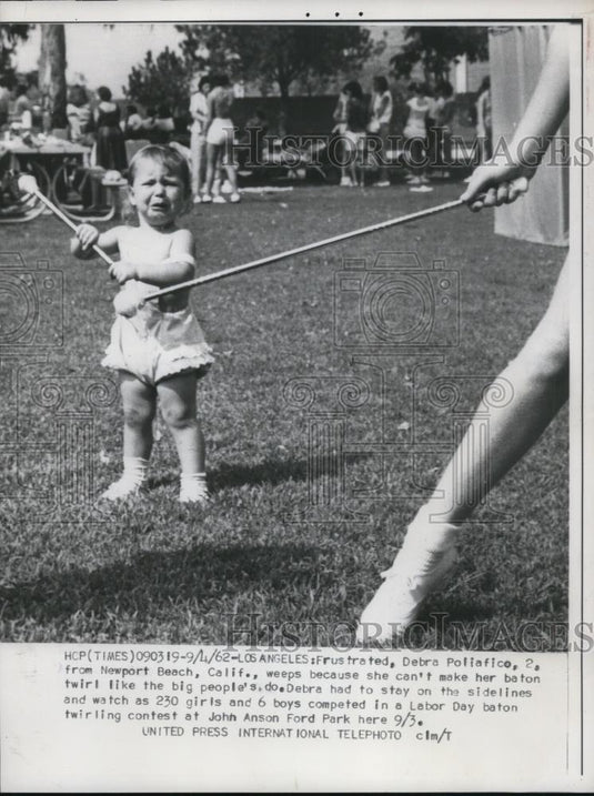 1962 Press Photo Debra Poliafico Cries Because She Can't Twirl Baton Yet - Historic Images